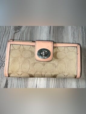 Coach Bifold Peach Pink Canvas Fabric Signature C Wallet Leather Trim Turn Lock